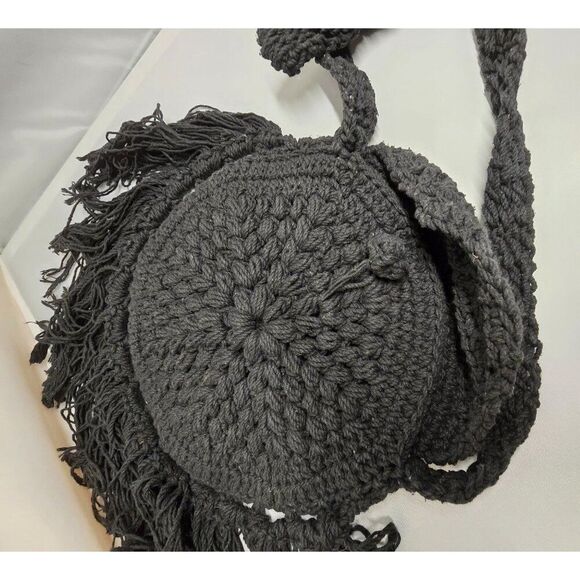 Handmade Crochet macrame Black Fringe Bohemian Shoulder Bag boho cottage biker - Picture 5 of 8